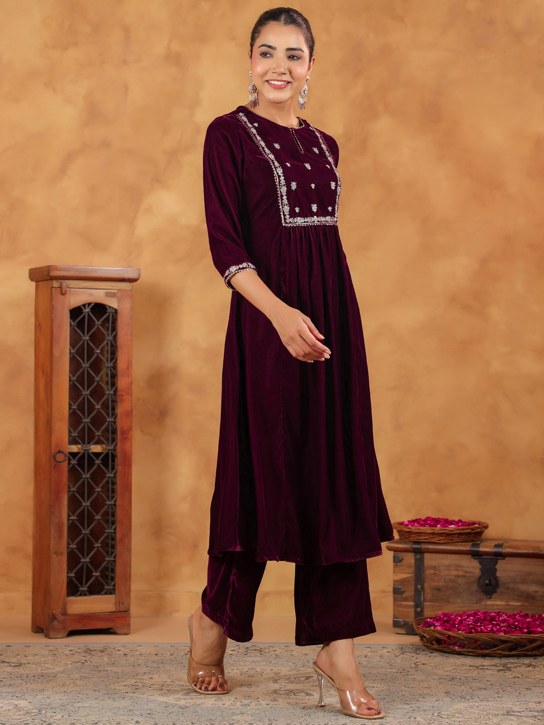 Women Velvet Wine Kurta Set WomensFashionFun