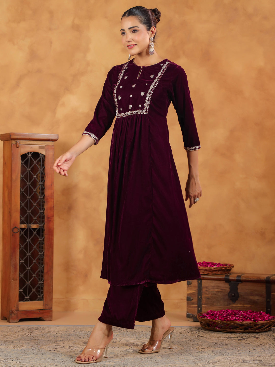 Women Velvet Wine Kurta Set WomensFashionFun