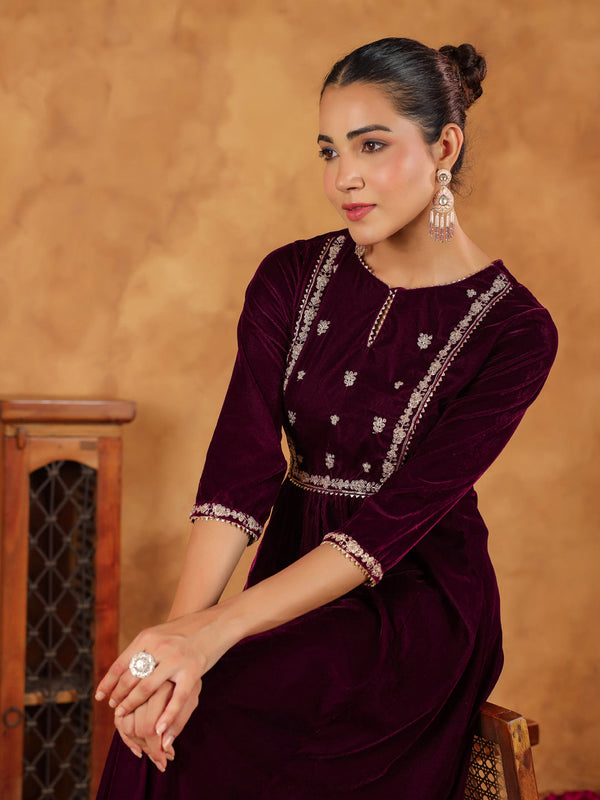 Women Velvet Wine Kurta Set WomensFashionFun