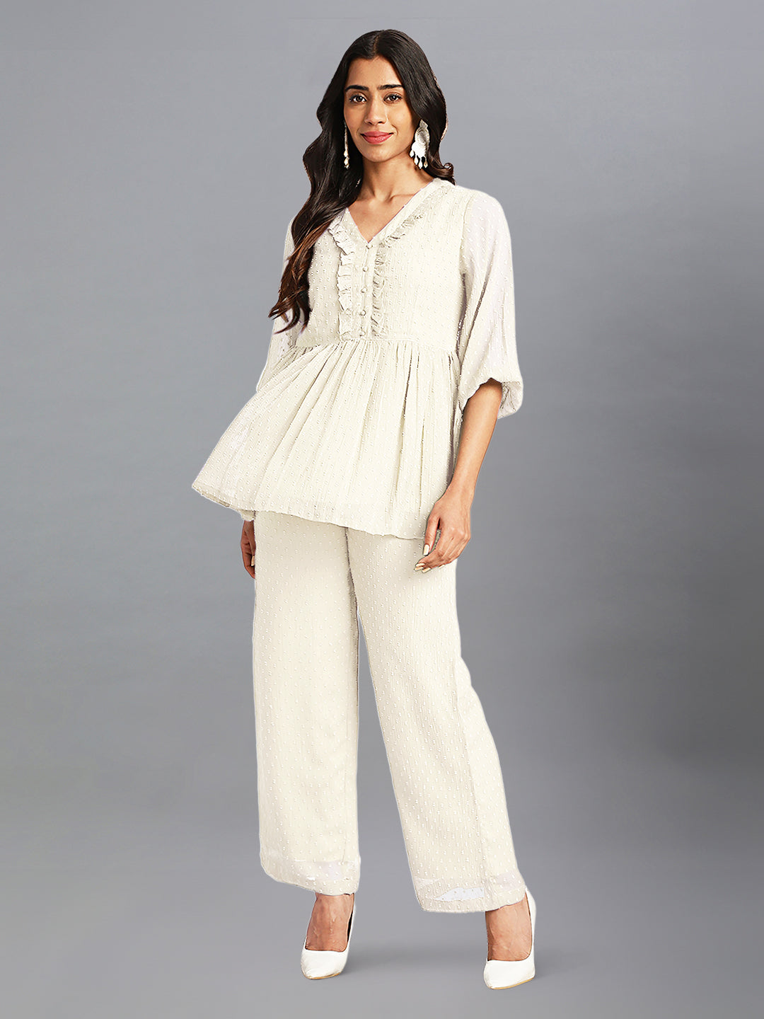 Women Dobby Chiffon Off White Kurta Set WomensFashionFun