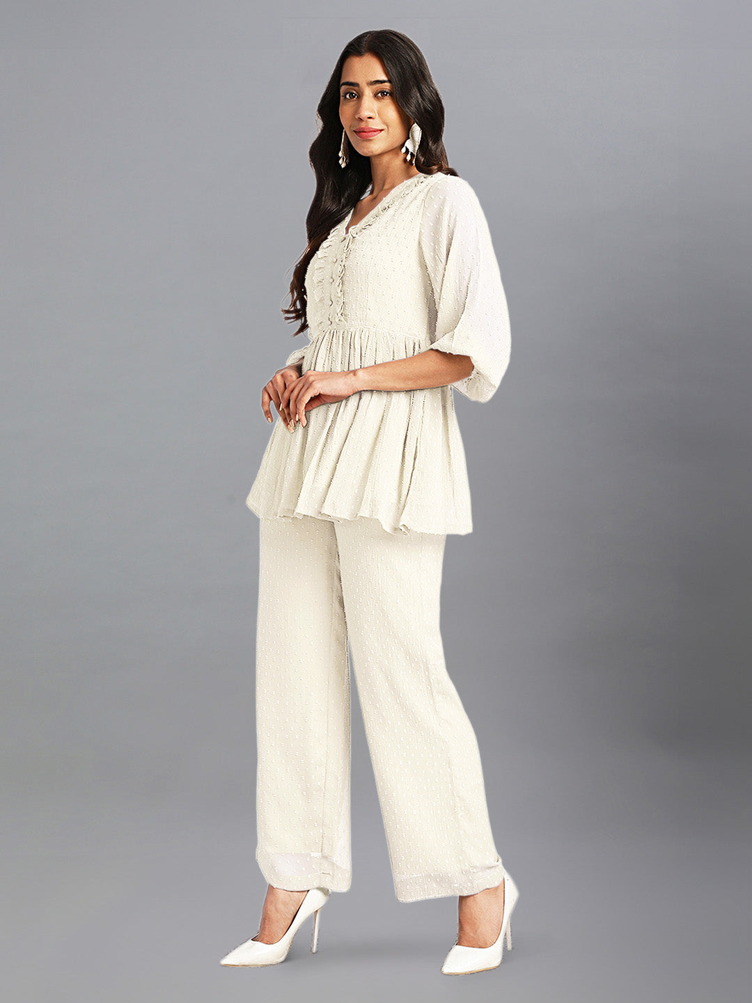 Women Dobby Chiffon Off White Kurta Set WomensFashionFun