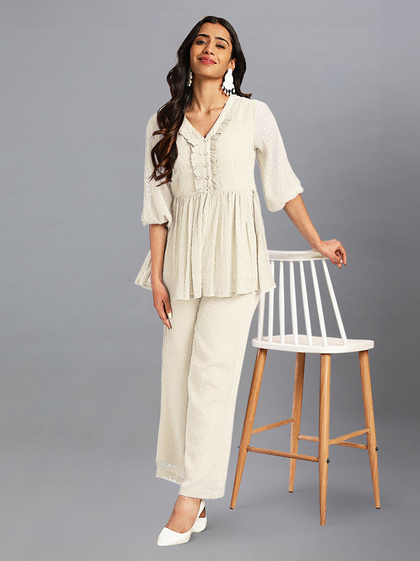 Women Dobby Chiffon Off White Kurta Set WomensFashionFun