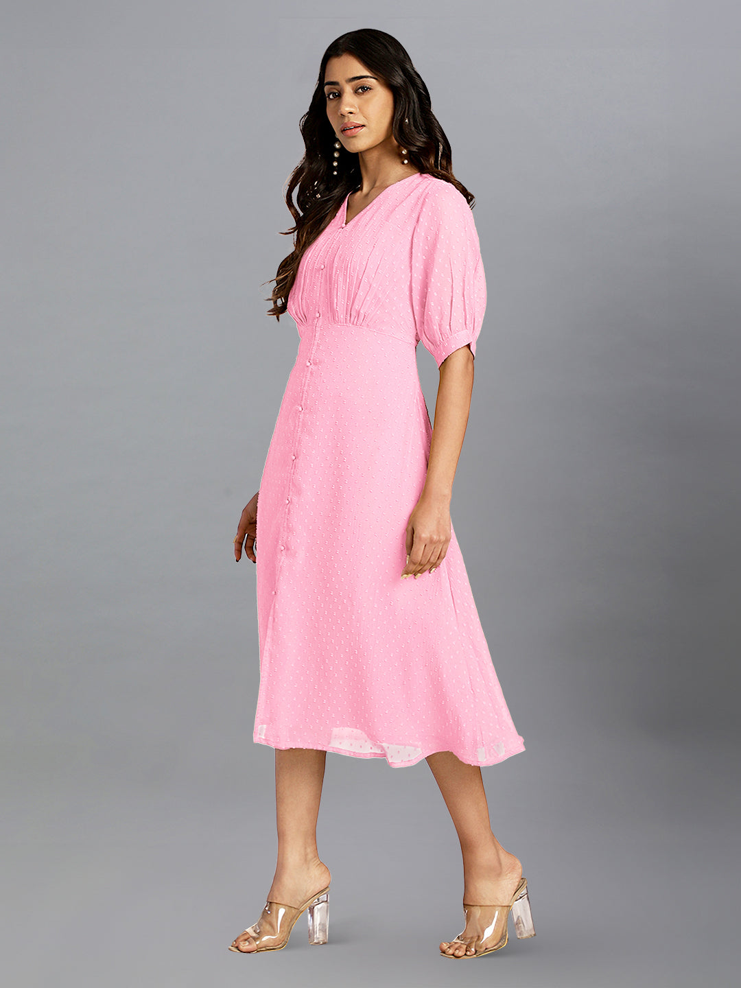 Women Dobby Chiffon Pink Dress WomensFashionFun