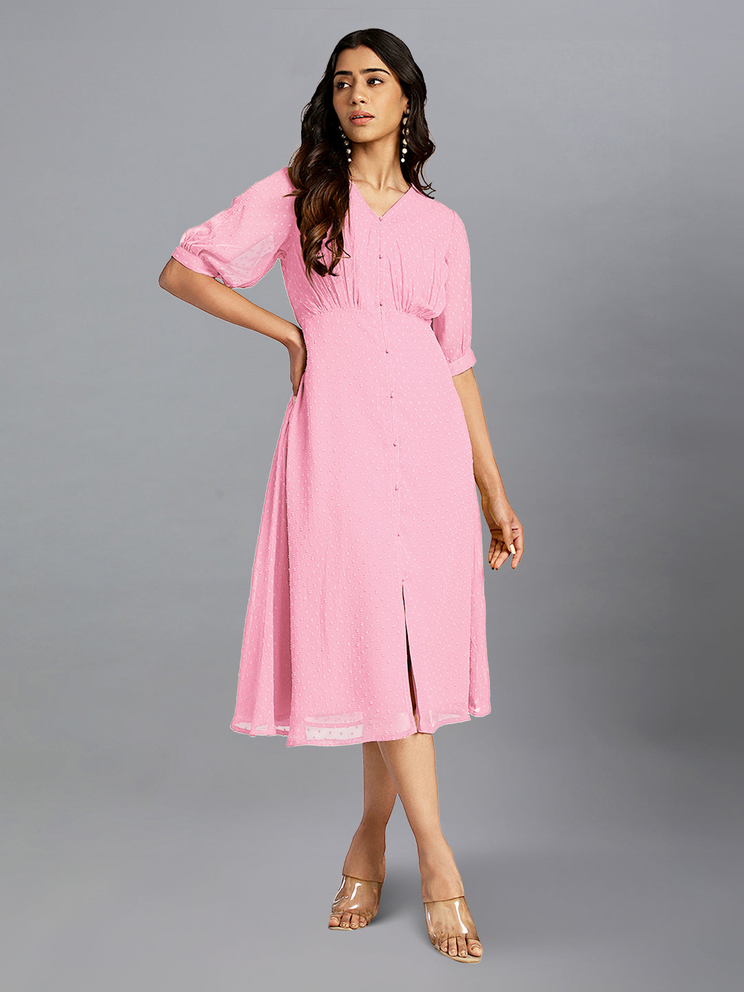 Women Dobby Chiffon Pink Dress WomensFashionFun