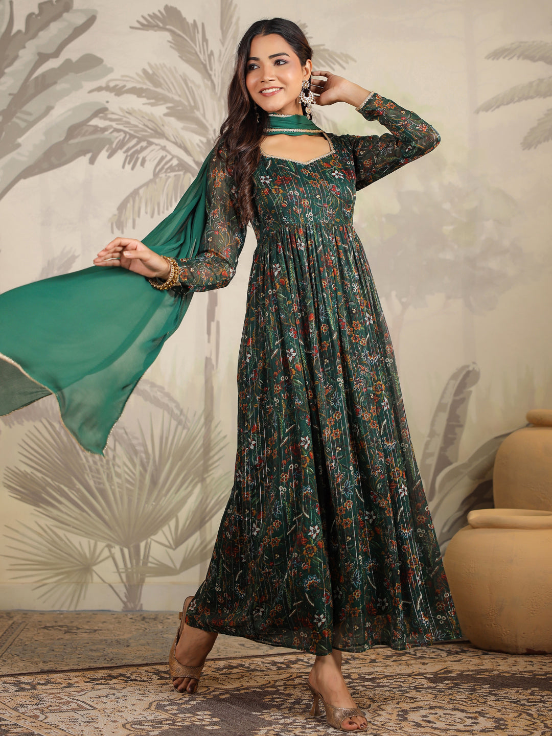 Women Chiffon Dark Green Kurta Set WomensFashionFun