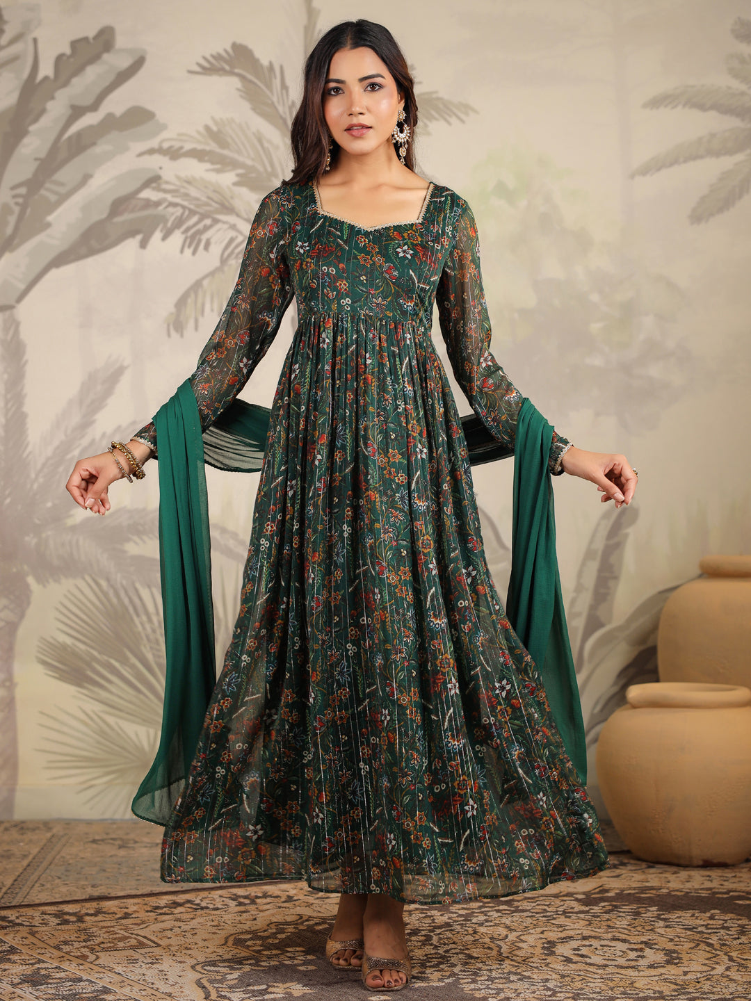 Women Chiffon Dark Green Kurta Set WomensFashionFun