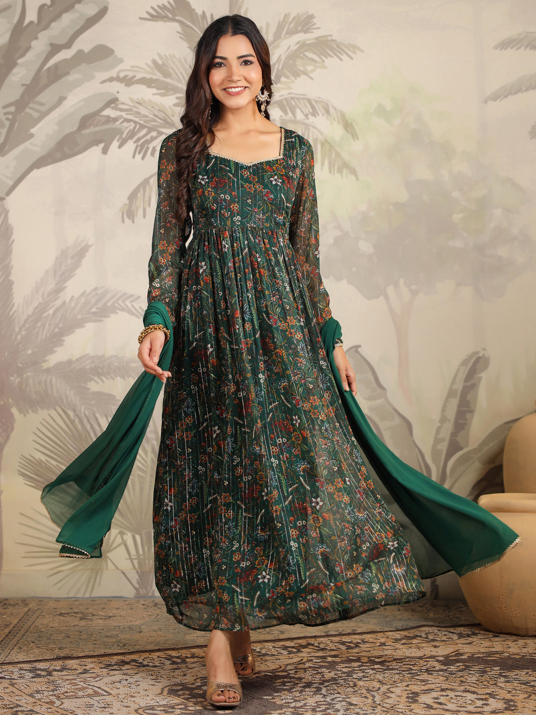 Women Chiffon Dark Green Kurta Set WomensFashionFun