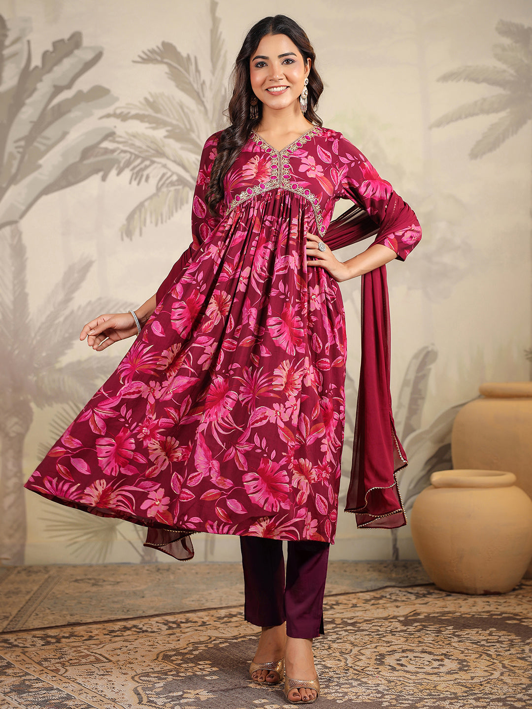 Women Chanderi Wine Kurta Set WomensFashionFun