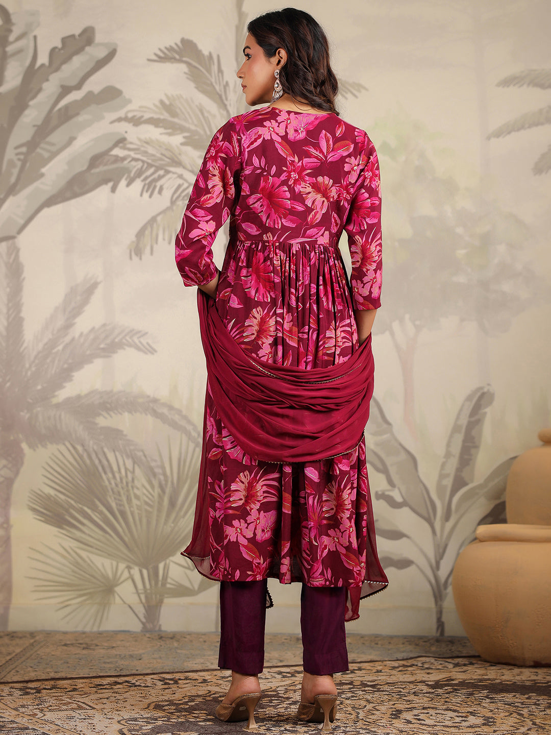 Women Chanderi Wine Kurta Set WomensFashionFun