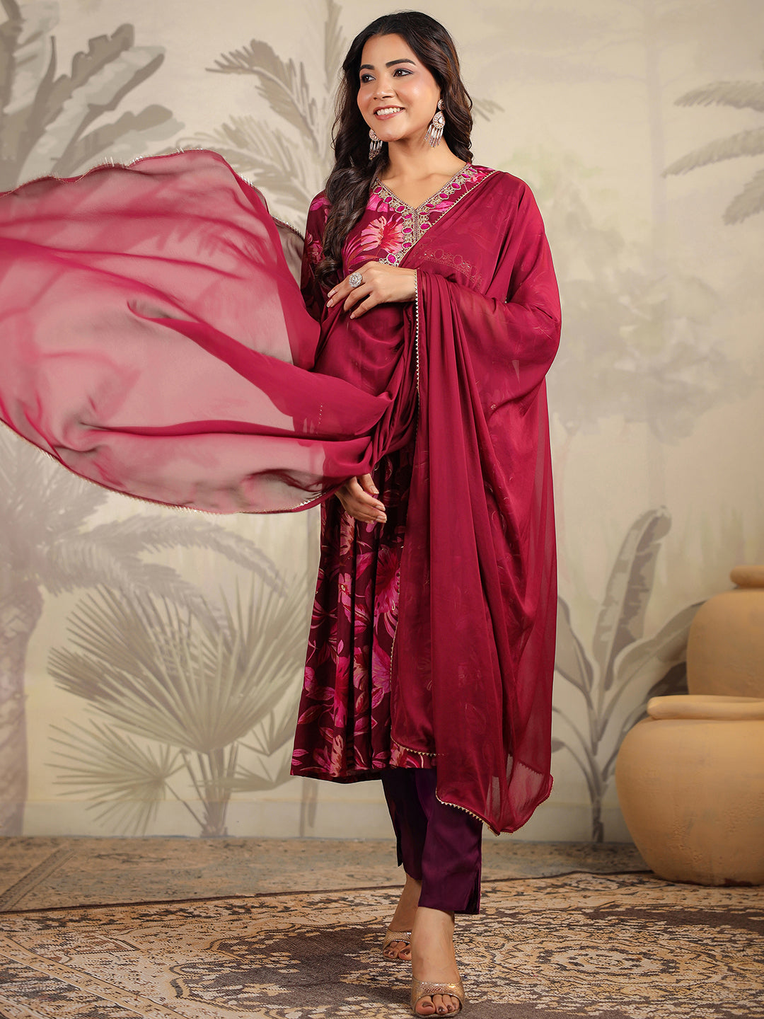 Women Chanderi Wine Kurta Set WomensFashionFun