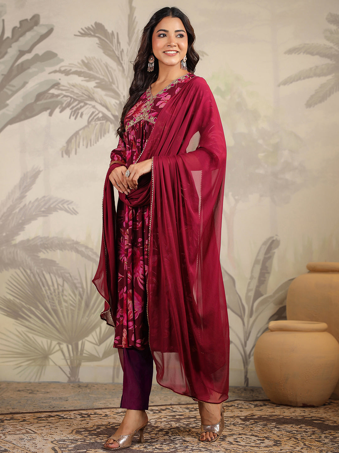 Women Chanderi Wine Kurta Set WomensFashionFun