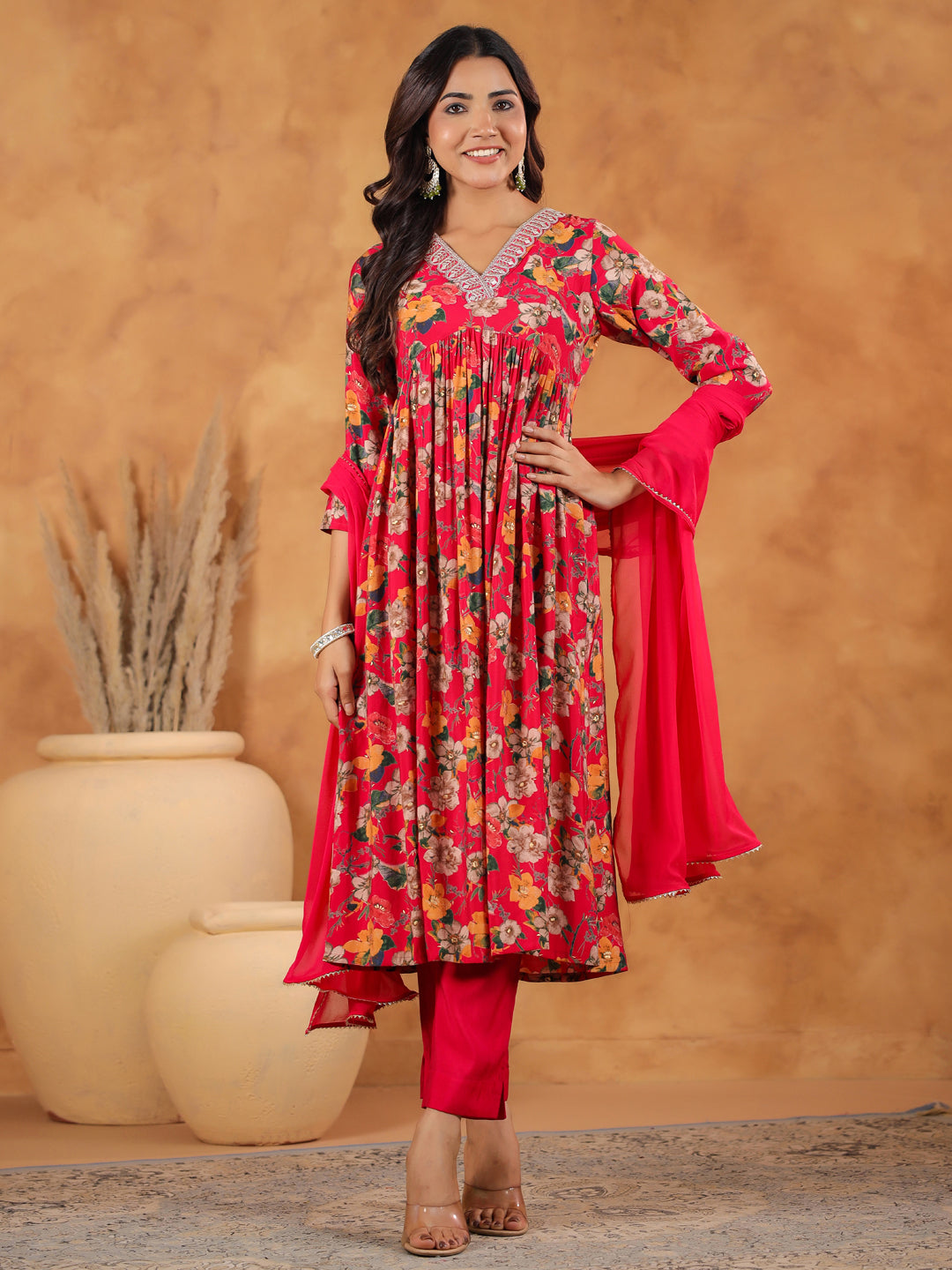 Women Chanderi Pink Kurta Set WomensFashionFun