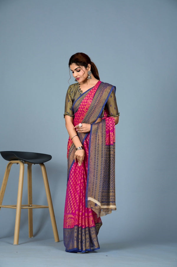 Women Casual Wear Printed Brasso Silk Saree with Un Stitched Blouse | WomensFashionFun