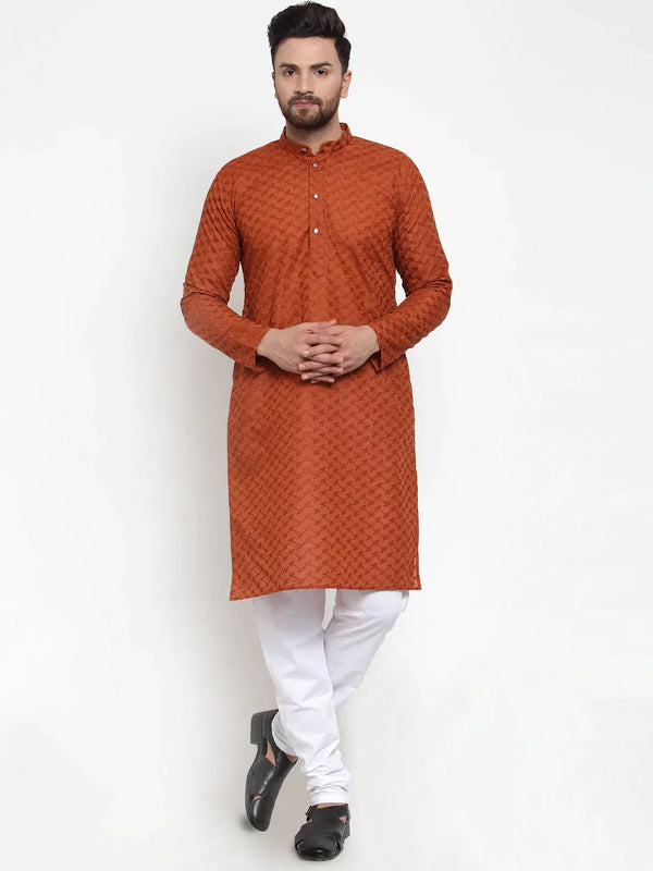 Men Brown Chikan Kurta with Churidar | WomensFashionFun.com