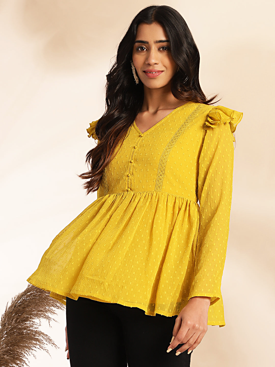 Women Mustard Dobby Chiffon Top WomensFashionFun