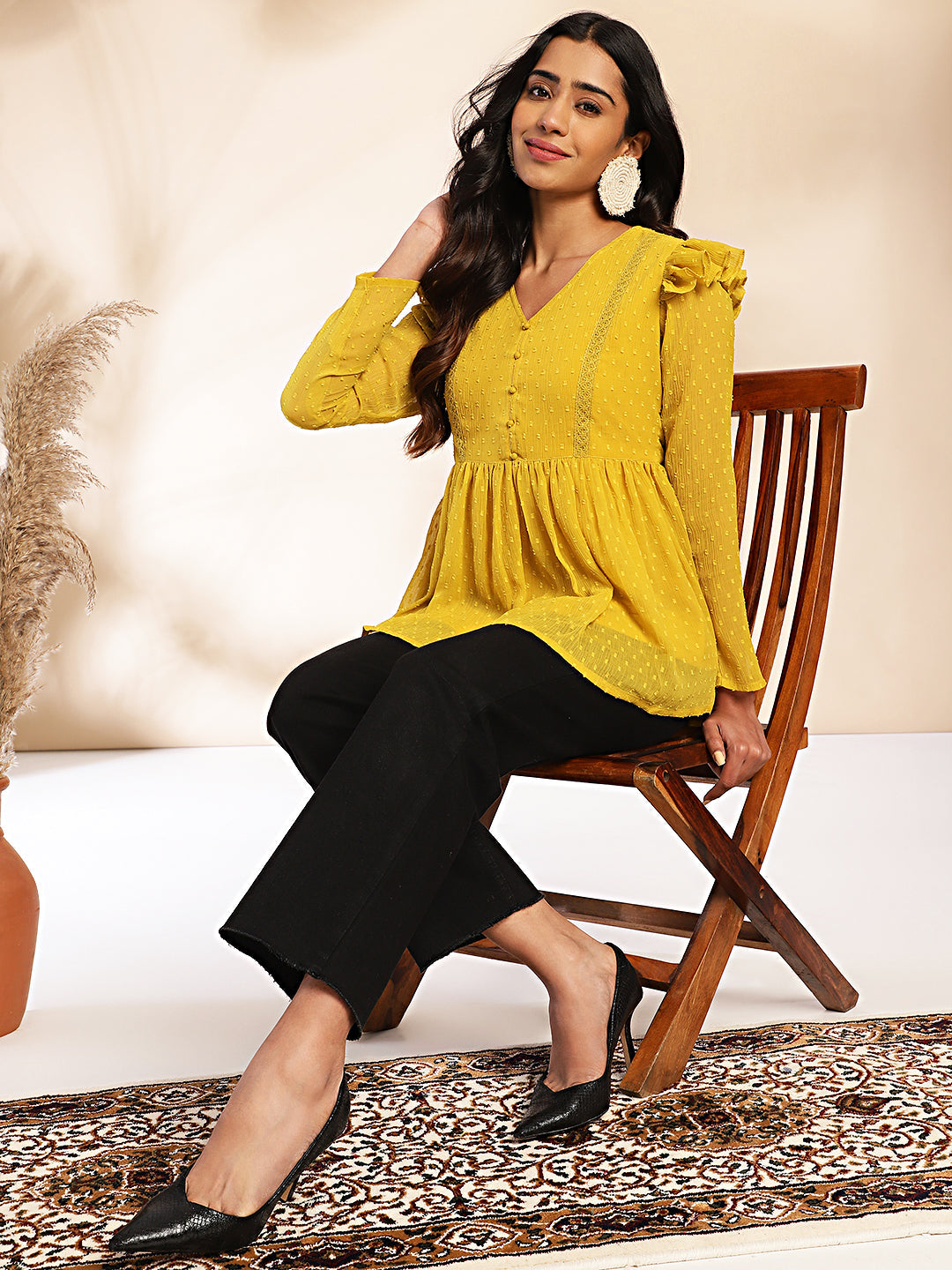 Women Mustard Dobby Chiffon Top WomensFashionFun