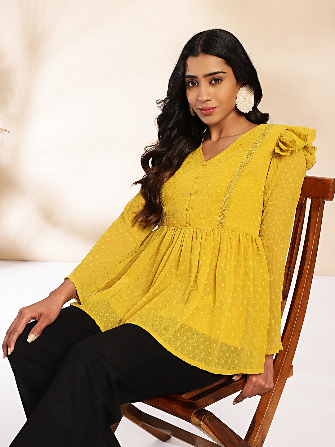 Women Mustard Dobby Chiffon Top WomensFashionFun