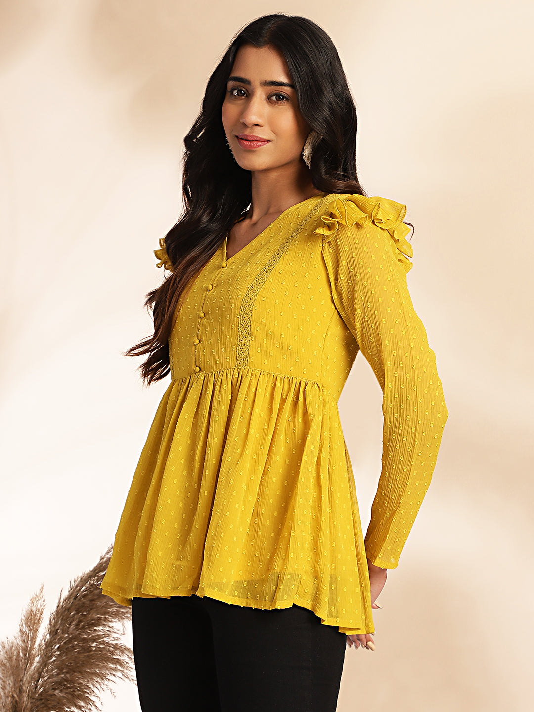 Women Mustard Dobby Chiffon Top WomensFashionFun