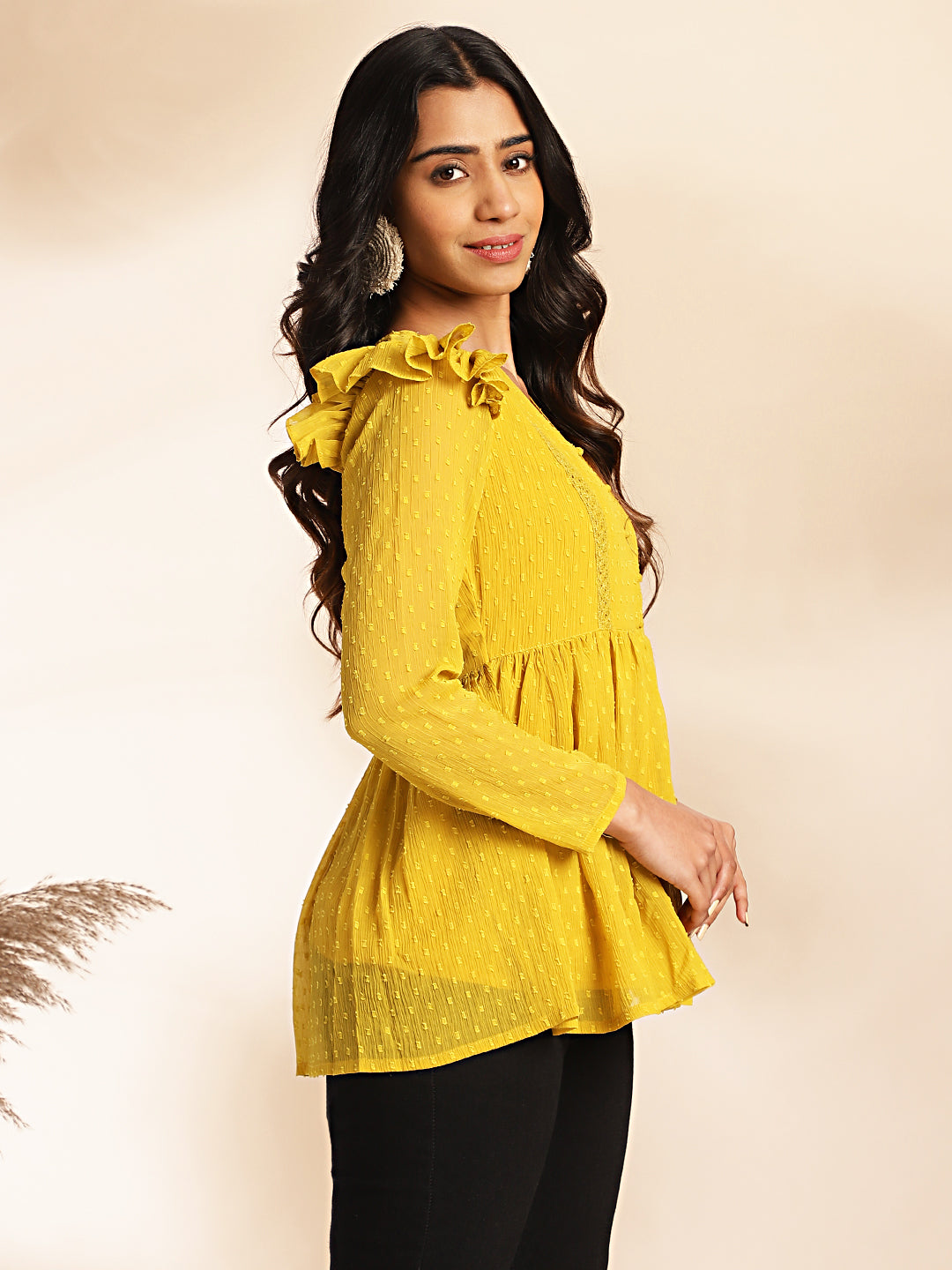 Women Mustard Dobby Chiffon Top WomensFashionFun