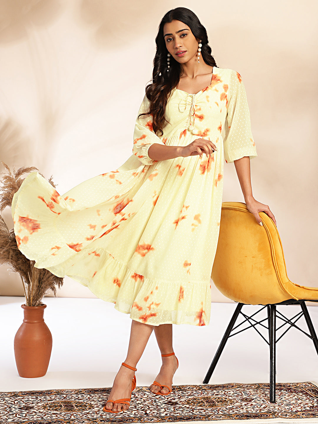 Women Yellow Dobby Georgette Dress WomensFashionFun