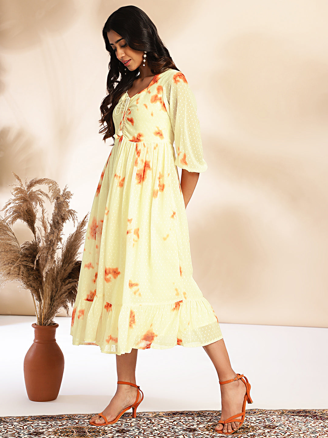 Women Yellow Dobby Georgette Dress WomensFashionFun