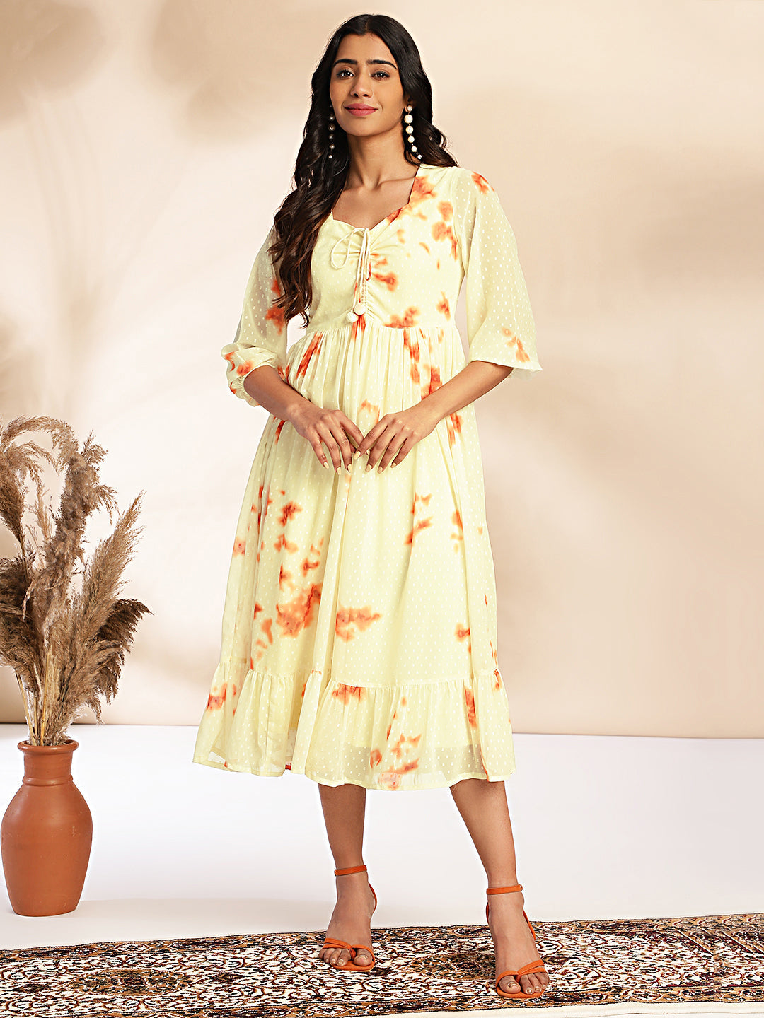 Women Yellow Dobby Georgette Dress WomensFashionFun