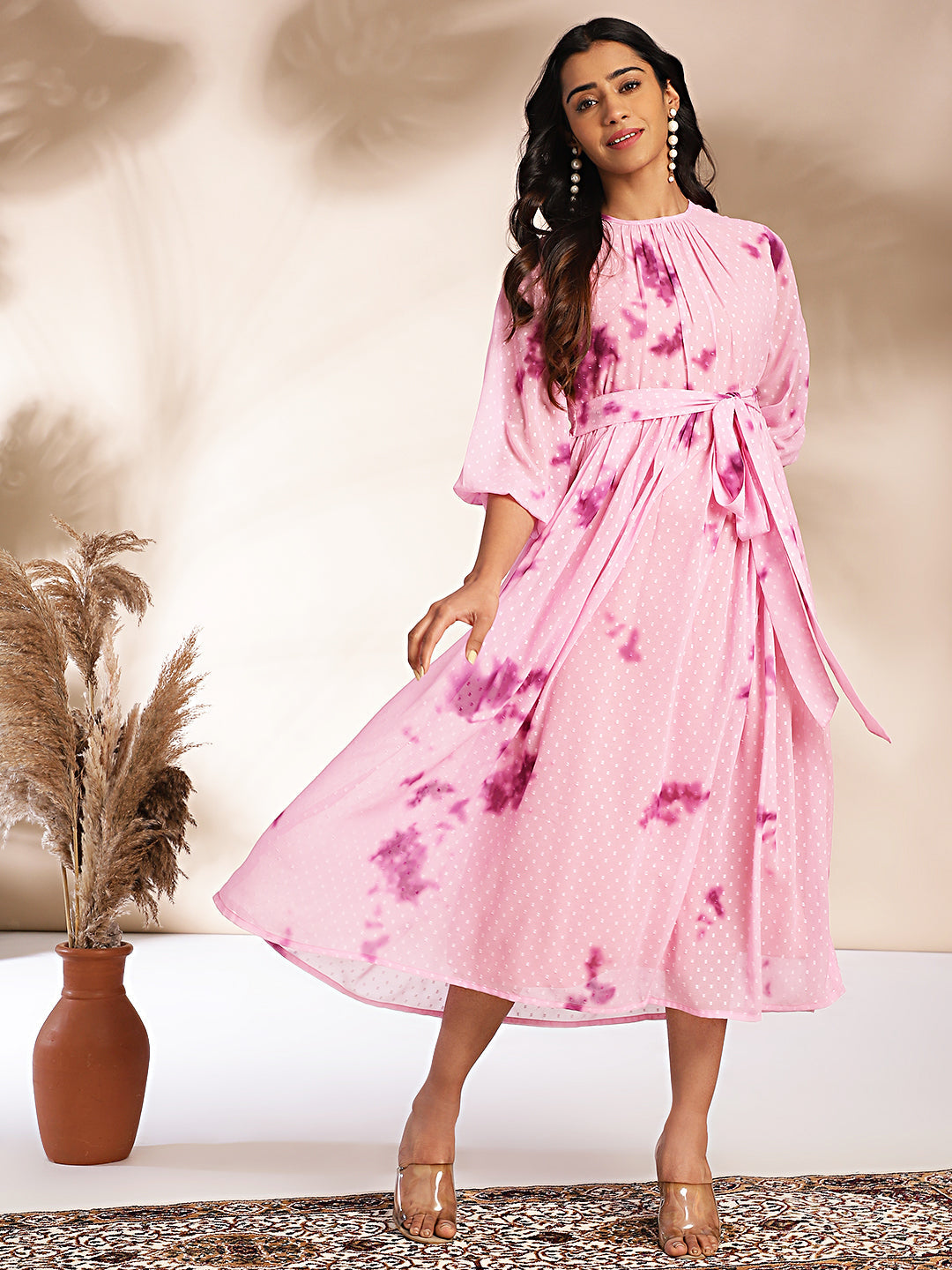 Women Pink Dobby Georgette Dress WomensFashionFun