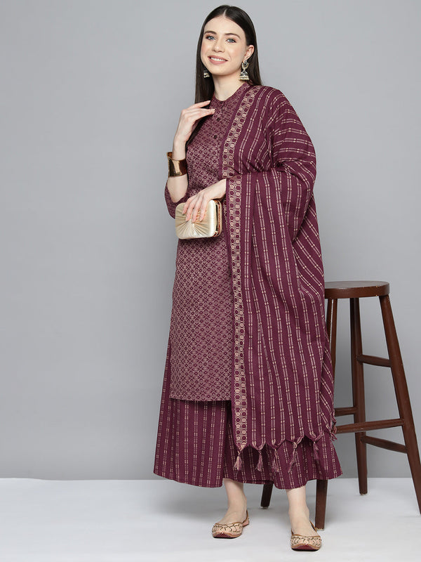 Woven design kurta, pallazos and dupatta set  | WomensFashionFun