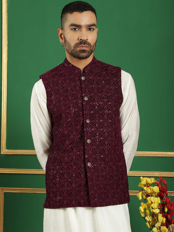 Men's Velvet Nehru Jacket With Solid Kurta Pyjama | WomensFashionFun