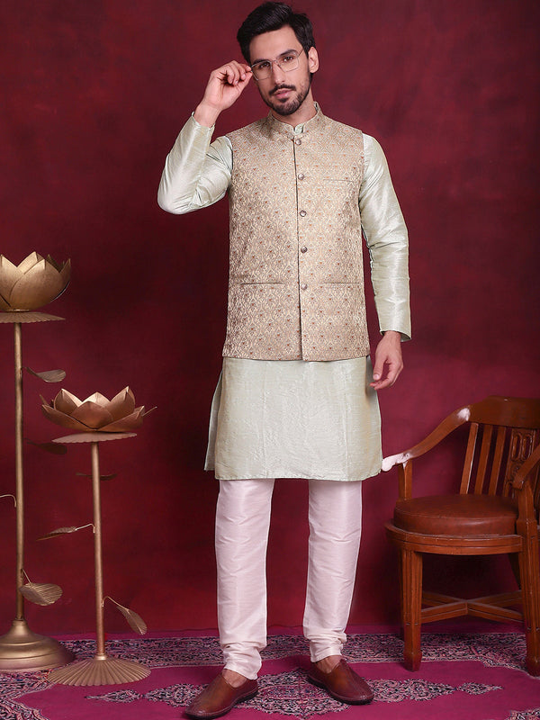 Woven Design Nehru Jacket With Kurta Pyjama Set | WomensFashionFun.com