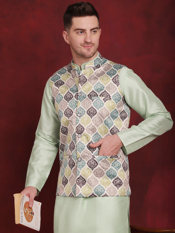 Green Floral Printed Nehru Jacket With Kurta Pyjama Set  | WomensFashionFun