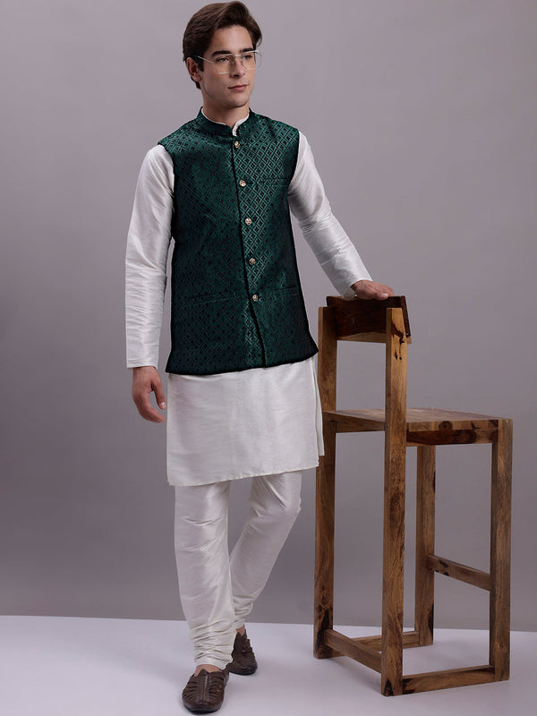 Men's Olive Green Woven Design Nehru Jacket With Solid Kurta Pyjama. | WomensFashionFun.com