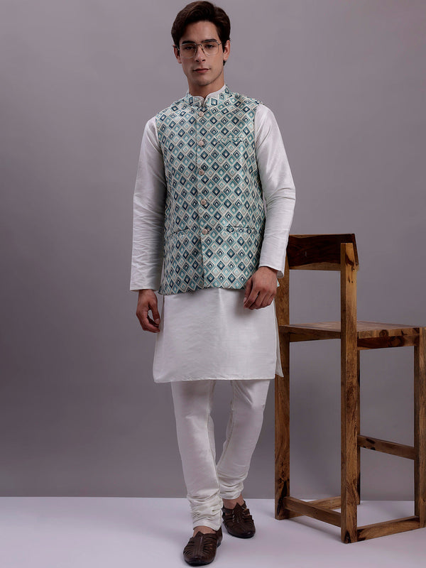 Men's Turquoise Blue Woven Design Nehru Jacket With Solid Kurta Pyjama. | WomensFashionFun.com