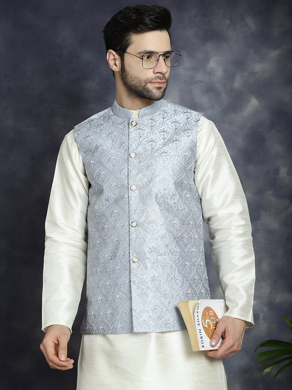 Men's Sequins and Embroidred Nehru Jacket With Solid Kurta Pyjama  | WomensFashionFun