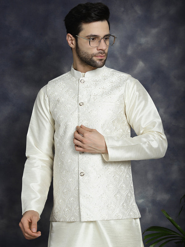 Men's Sequins and Embroidred Nehru Jacket With Solid Kurta Pyjama  | WomensFashionFun