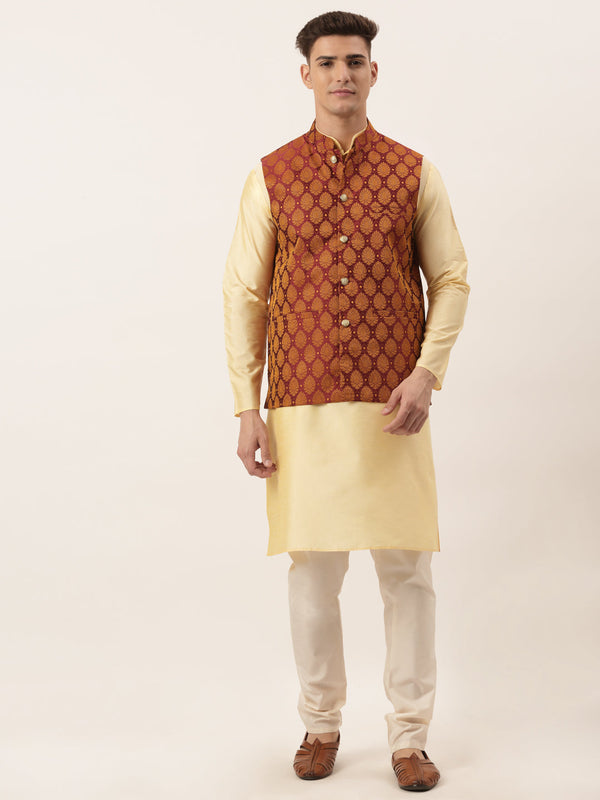 Men's Woven Design Nehru Jacket and Kurta Pyjama Set | WomensFashionFun.com