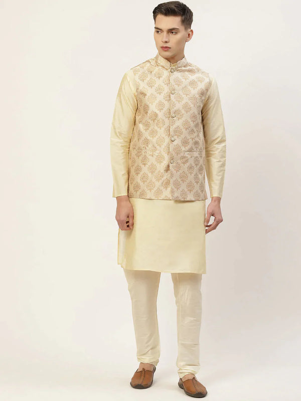 Men's Solid Kurta Pyjama With Floral Cream Printed Nehru Jacket | WomensFashionFun.com