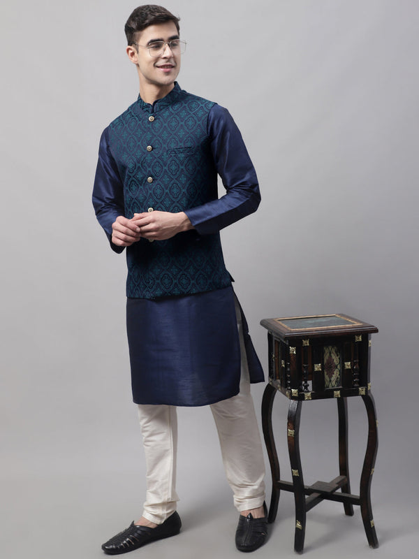 Men Navy Blue Solid Kurta Pyjama with  Green Woven Design Nehru Jacket | WomensFashionFun.com