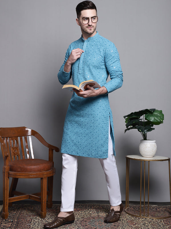 Sequin Embroidered Pure Cotton Kurta with Pyjamas | WomensFashionFun.com