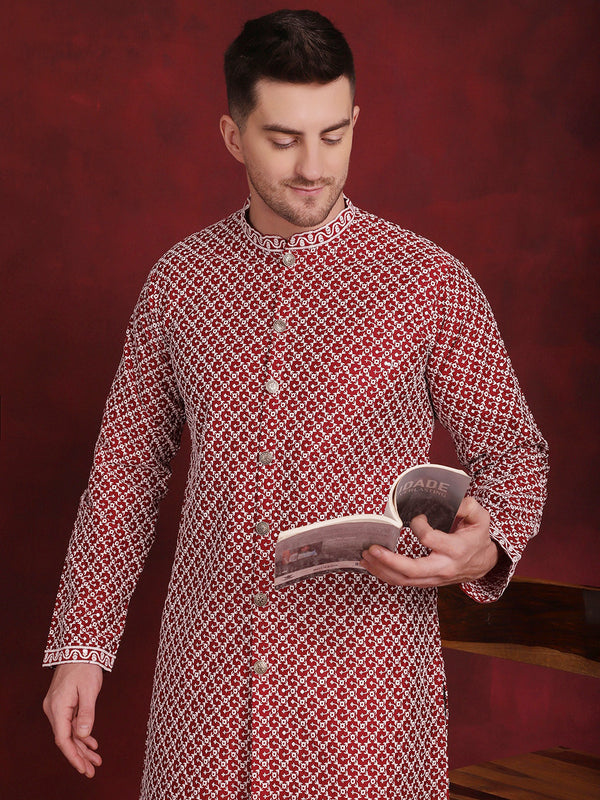 Men's Sequin Chikankari Front Open Kurta With Pyjamas  | WomensFashionFun