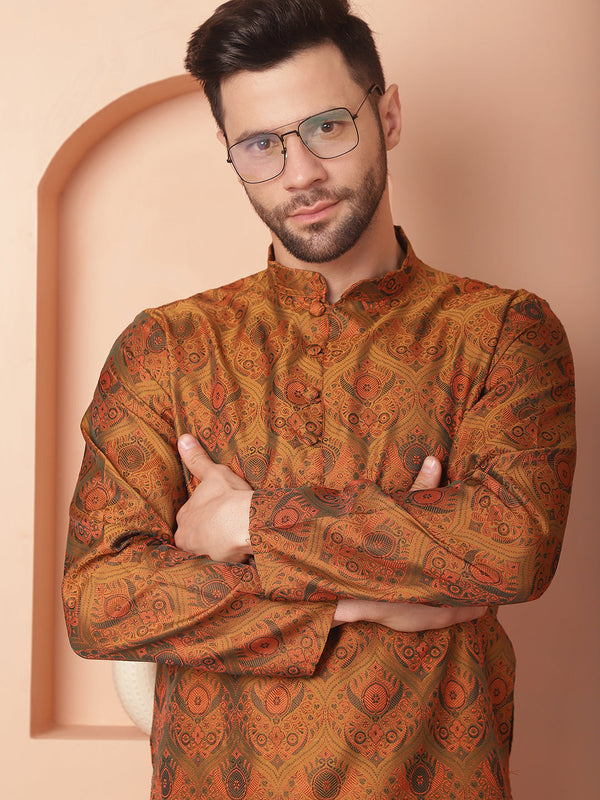 Men Golden Silk Blend Straight Kurtas | WomensFashionFun