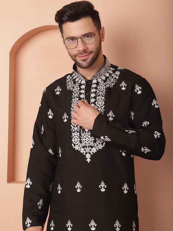 Men's Black Chikankari Embroidered Kurta With Pyjama | WomensFashionFun