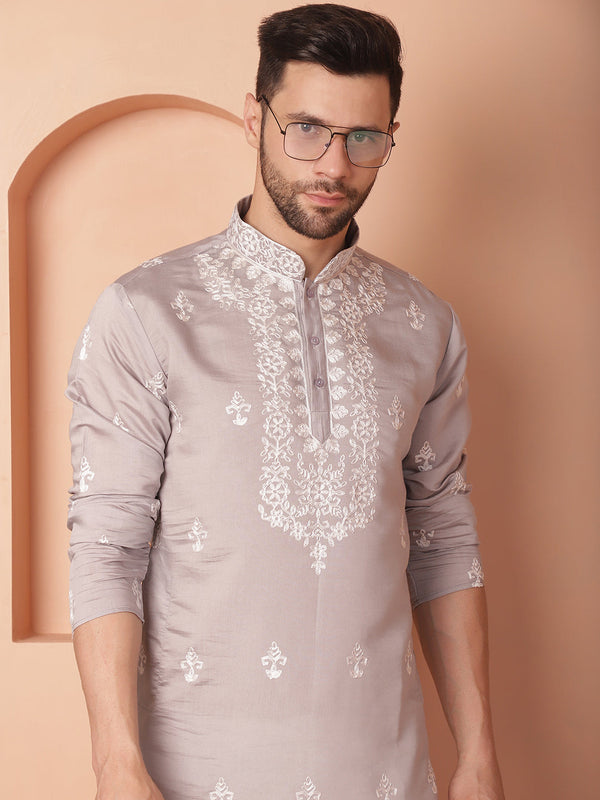 Men's Grey Chikankari Embroidered Kurta With Pyjama | WomensFashionFun