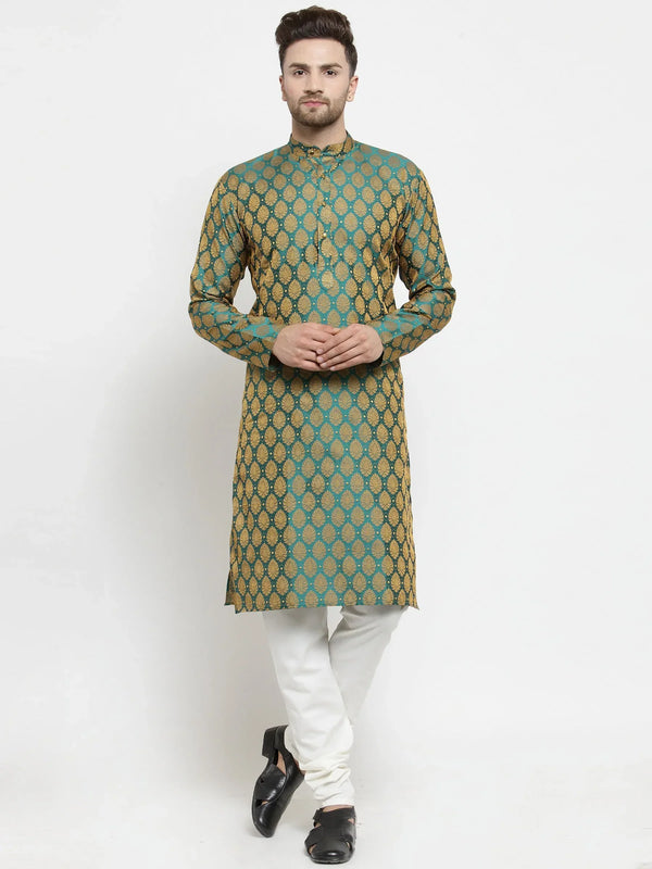 Men Green-Colored & Golden Self Design Kurta with Churidar | WomensFashionFun.com