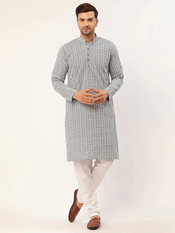 Men's Grey & White Embroidered Straight Kurta Pyjama Set | WomensFashionFun.com