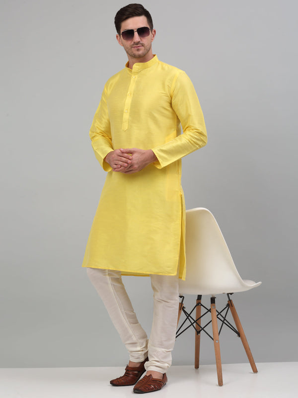 Men Lemon Yellow Dupion Silk Kurta with Churidar | WomensFashionFun.com