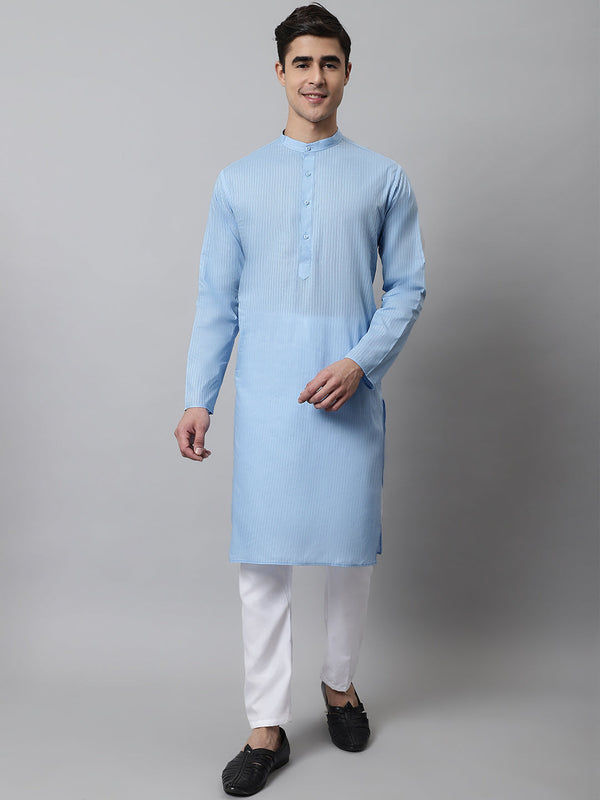 Men's Light blue Cotton Striped Kurta Payjama Sets | WomensFashionFun.com