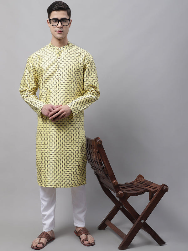 Men's Yellow Printed Silk Blend Kurta Payjama | WomensFashionFun.com