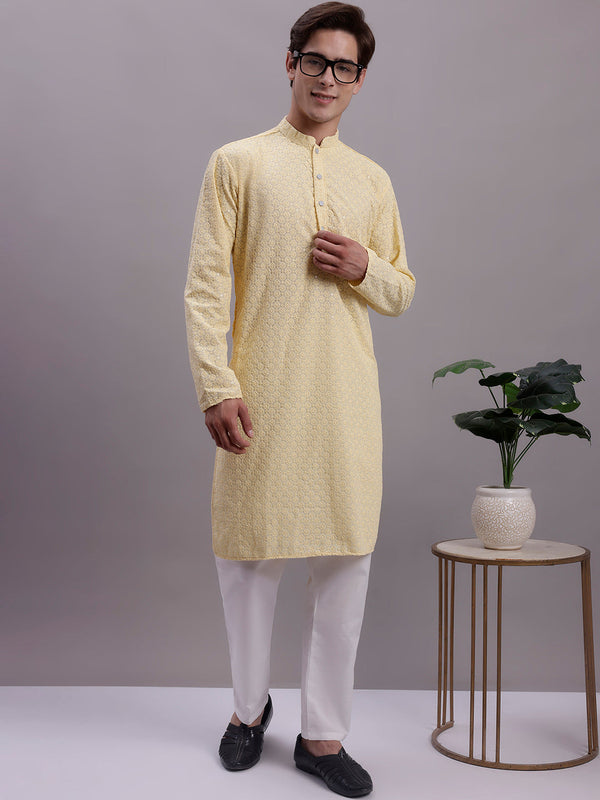 Men's Yellow Chikankari Embroidered and Sequence Kurta with Pyjama. | WomensFashionFun.com