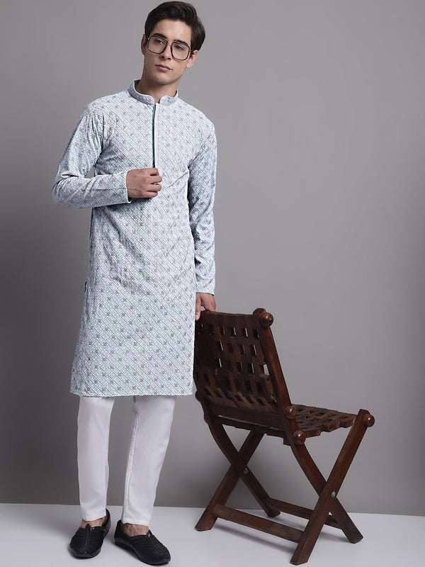 Men's Blue Chikankari Embroidered and Sequence Kurta with Pyjama. | WomensFashionFun.com